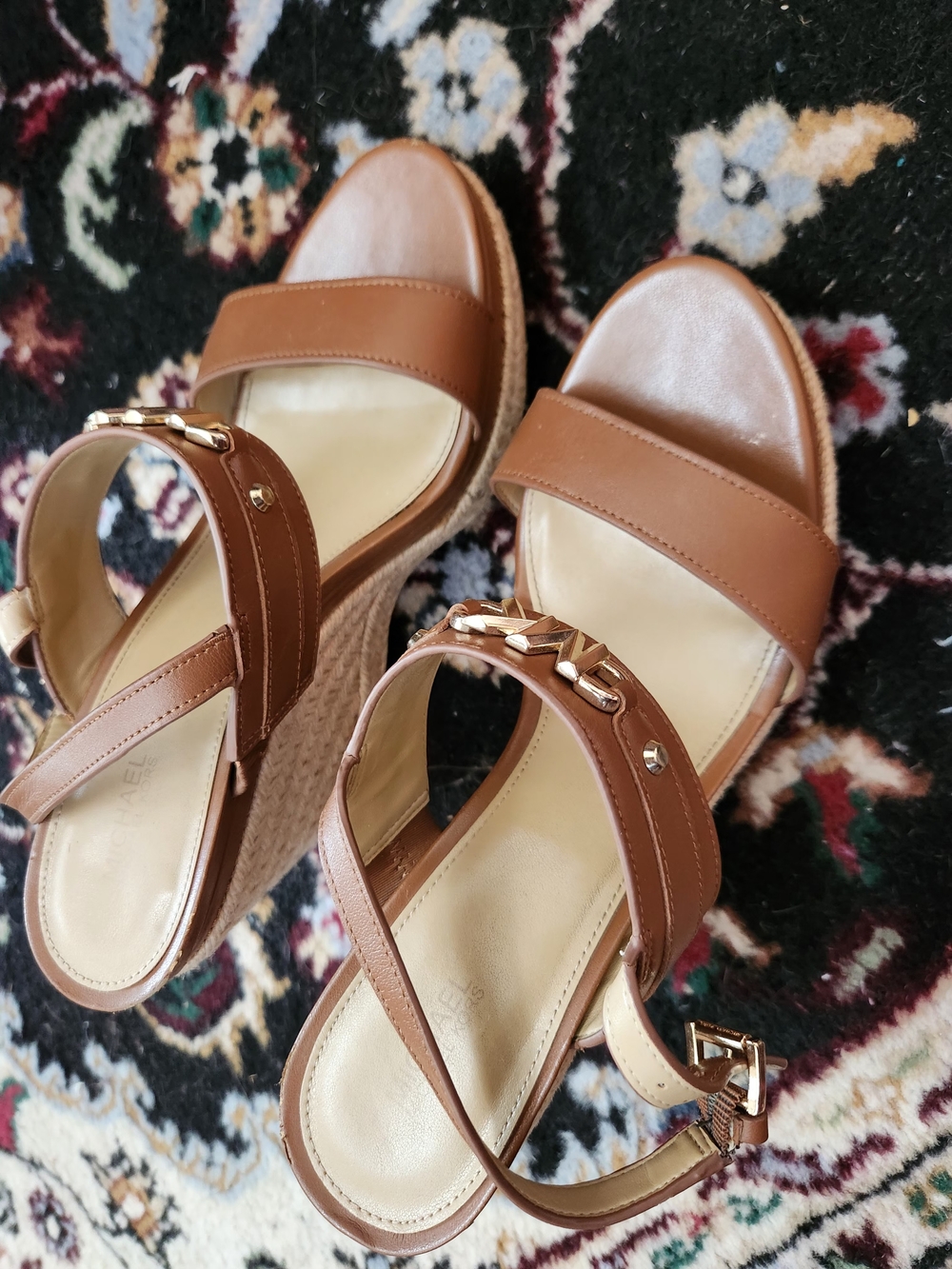 MICHAEL Michael Kors Brown Wedge Sandals with Gold Hardware